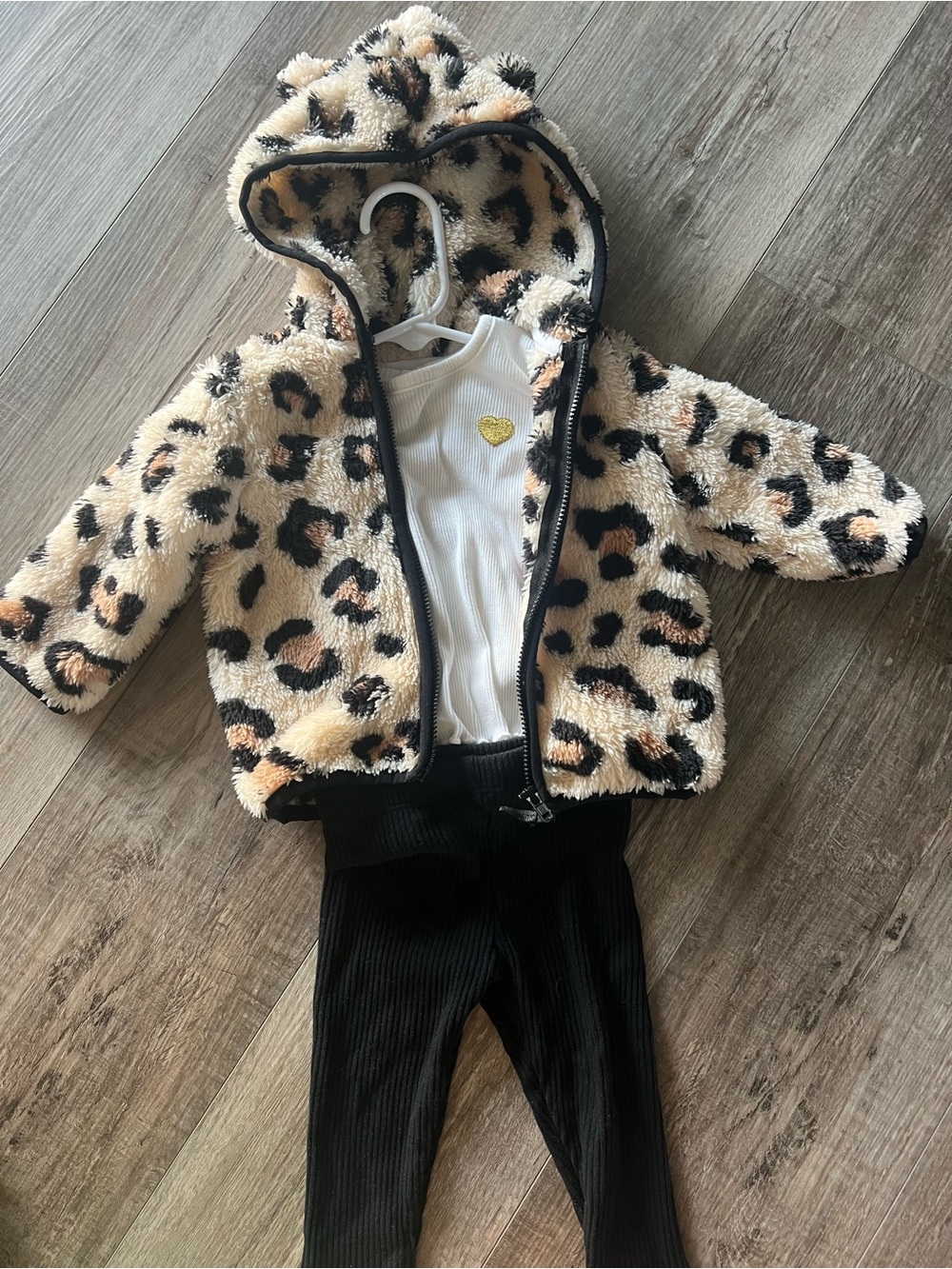 Leopard Print Fleece Hooded Jacket with Shirt and Pants